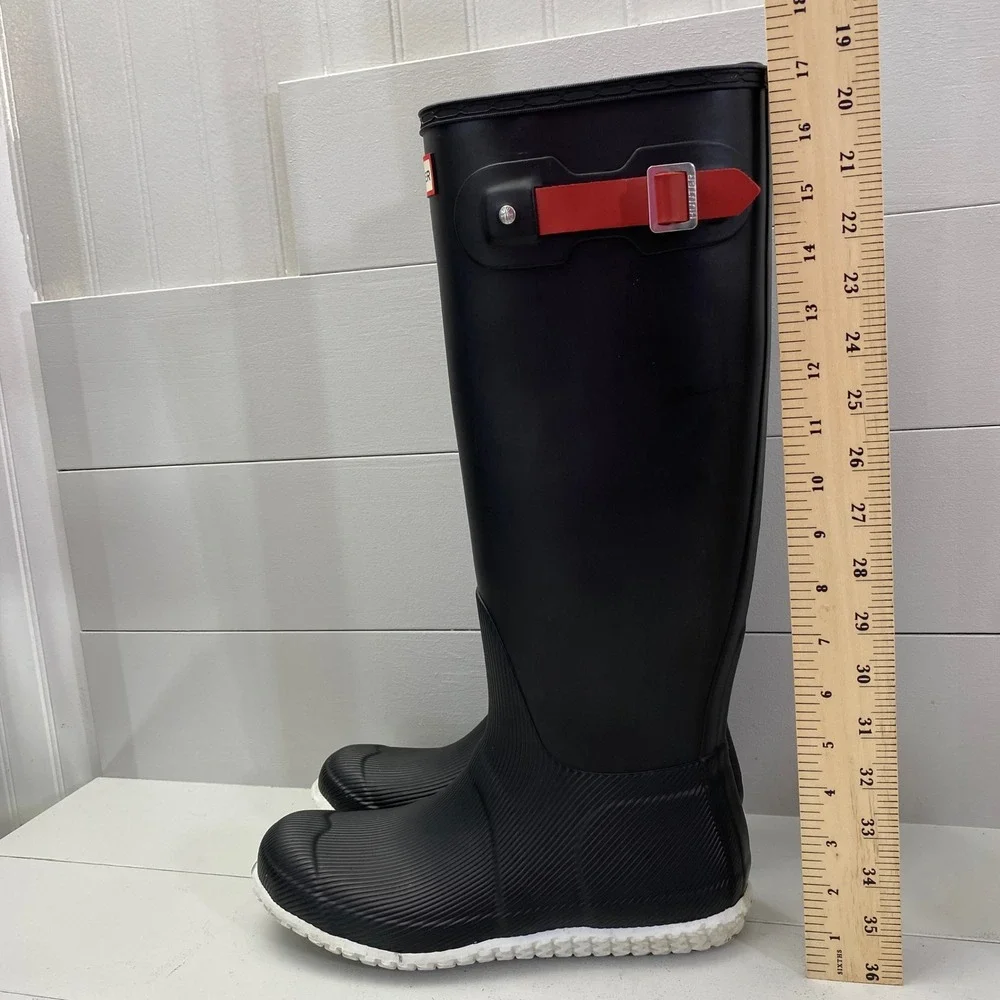 Hunter Original Tall Ribbed Rain Boots Women Size 9 Black White Red Buckle